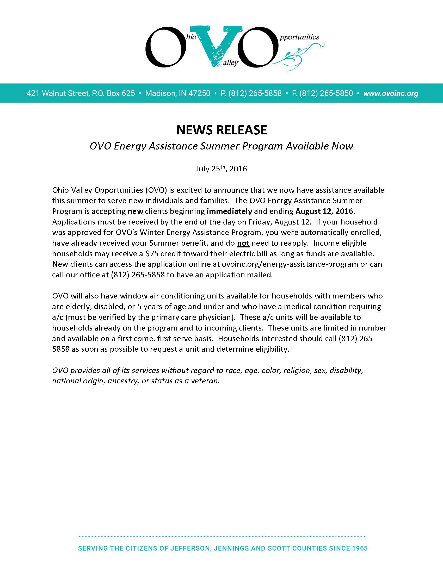 OVO 2016 Summer Energy Assistance Program