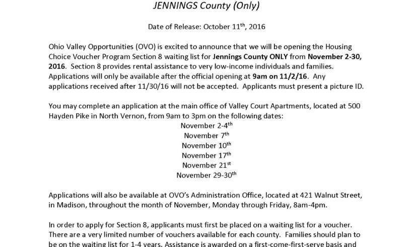 Section 8 Waiting List Opening In JENNINGS County (Only)