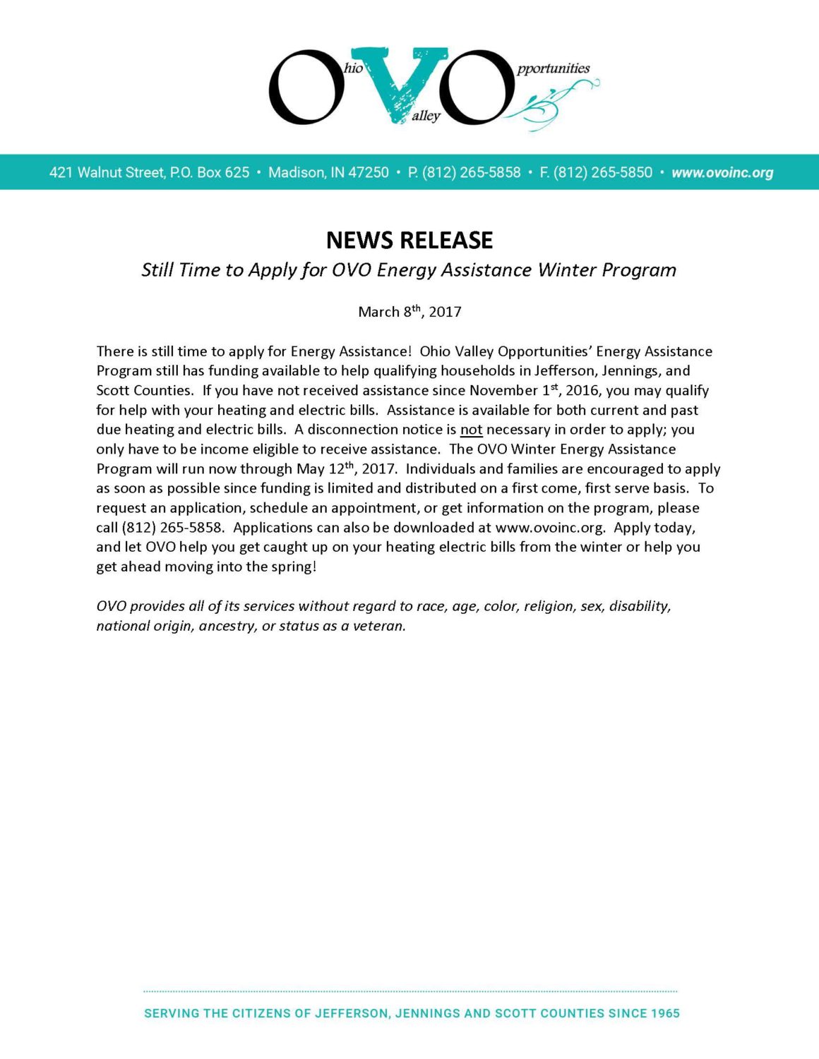 Still Time to Apply for OVO Energy Assistance Winter Program
